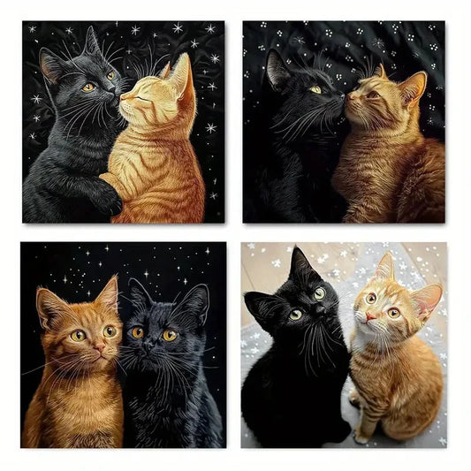 4pcs Black Cat and Orange Cat Wall Art Canvas Framed