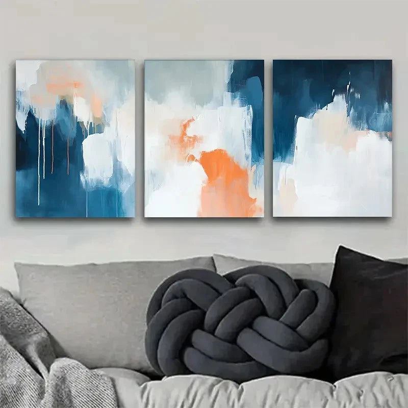 3pcs Abstract Blue Orange & White Metal Print Ready to Hang Art - Bella Home Decor