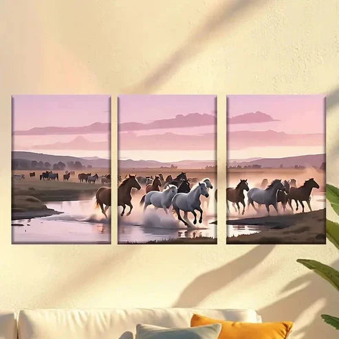 3pcs Vibrant Horse Herd Running Across River Wall Art Canvas - High Quality Print 100% Australian Made Wall Canvas