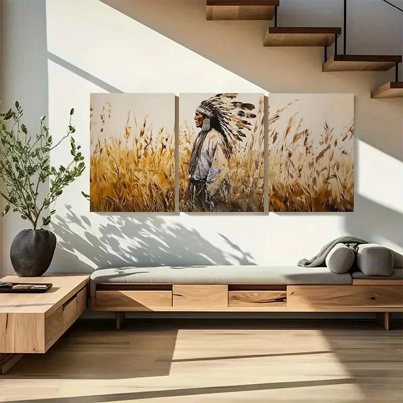 3pcs Native American Chief in Wheat Field Metal Print Ready to Hang Art - Bella Home Decor