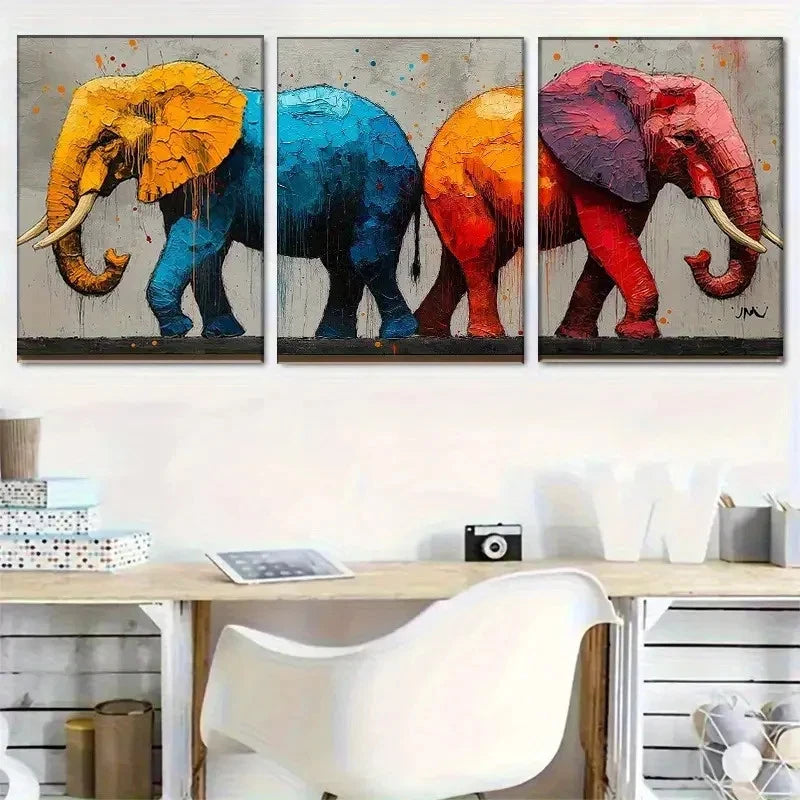 3pcs Colorful Elephant Triptych Wall Art Metal Print Ready to Hang Art - Bella Home Decor