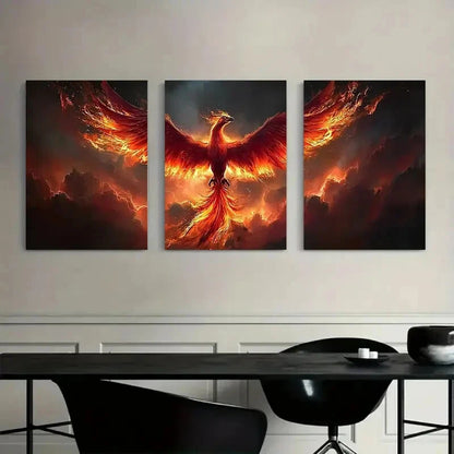 Three panel metal wall art of a phoenix rising from flames.