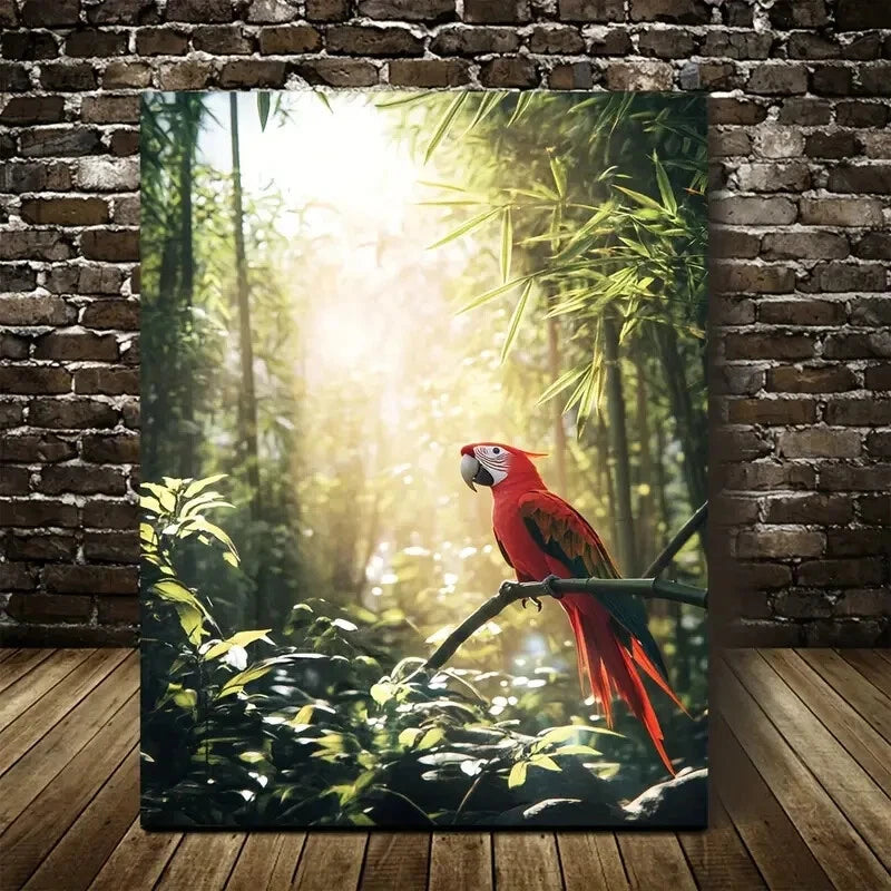 Vibrant Parrot in Bamboo Grove Painting 40x60cm Metal Print Ready to Hang - Bella Home Decor