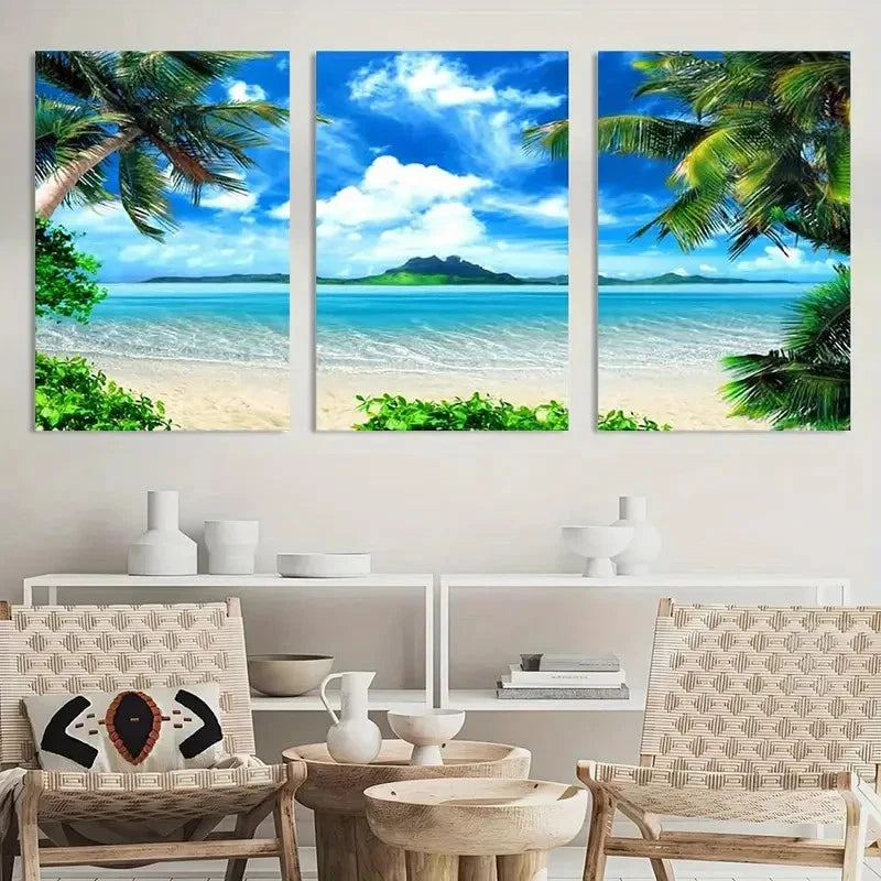 3pcs Painting Blue Sea Beach Art Seascape Metal Print Ready to Hang Art - Bella Home Decor