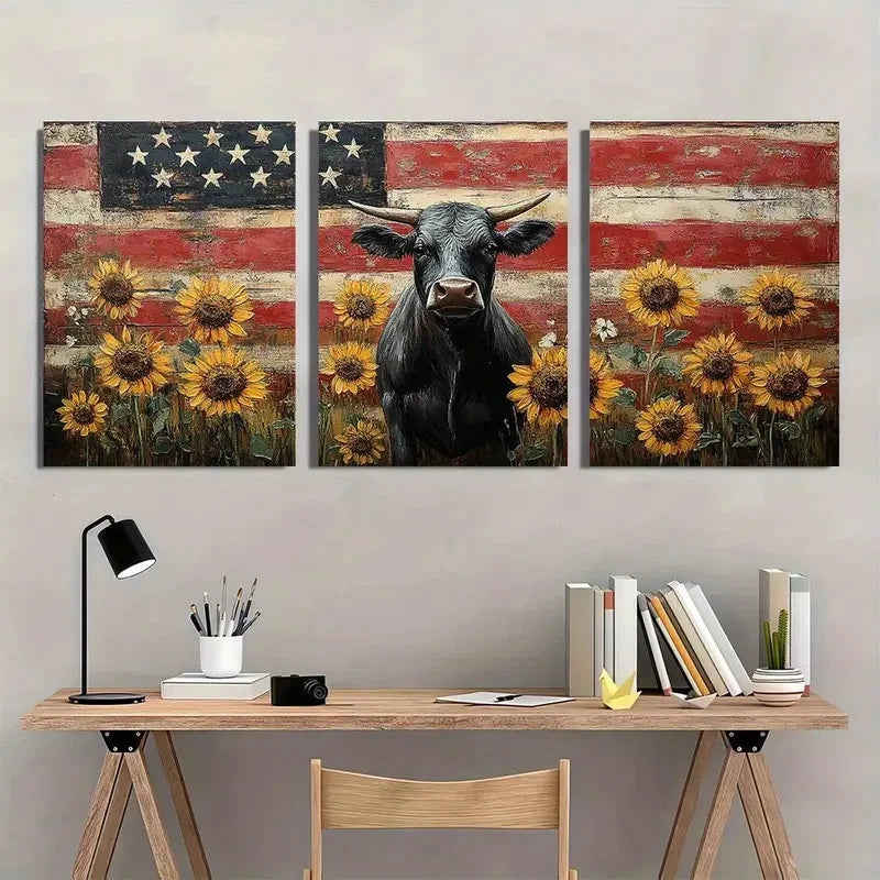 3pcs Vibrant Rustic Sunflower American Flag Cow Wall Art Set Canvas Framed 60x90cm - High Quality Print 100% Australian Made Wall Canvas Ready to Hang