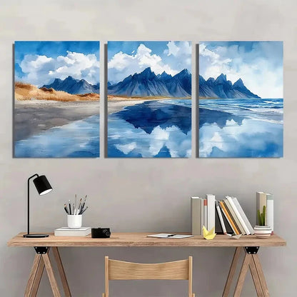 3pcs Watercolor Painting of Vestrahorn Beach Metal Print Ready to Hang Art - Bella Home Decor