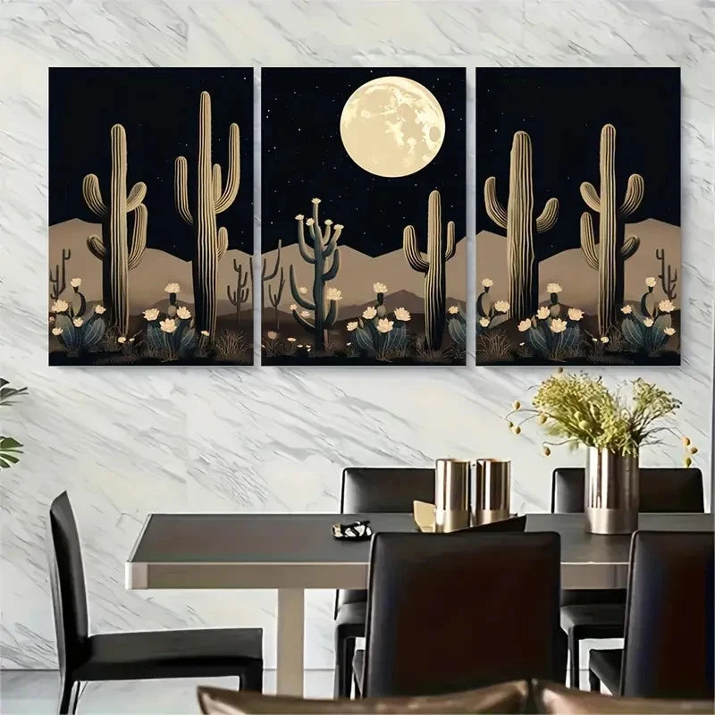 3pcs Cactus & Full Moon Desert Landscape Metal Print Ready to Hang Art - Bella Home Decor
