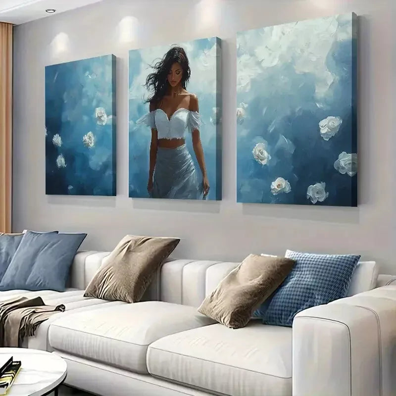 3pcs Stunning Blue Dreamy Elegant Lady Wall Art Set Canvas Framed 50x70cm - High Quality Print 100% Australian Made Wall Canvas Ready to Hang