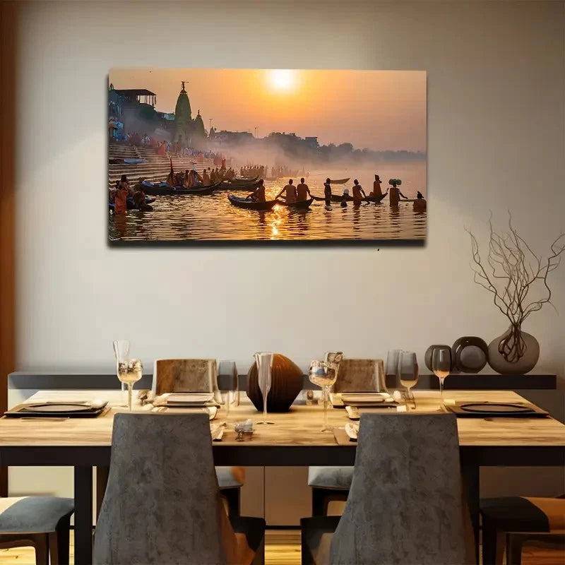 Gondolas On The Ganges Wall Art Canvas Office Home Room Framed 120x60cm