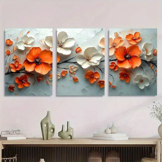 3pcs Vibrant Floral Abstract Orange White Flowers Metal Print Ready to Hang Art - Bella Home Decor