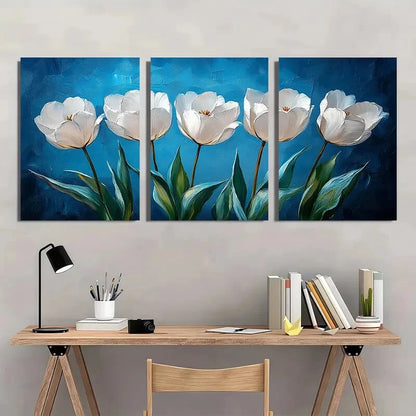 3pcs Elegant White Tulips Blue Background Floral Metal Print Ready to Hang Art - Bella Home Decor