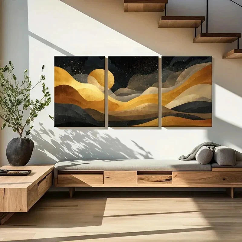 3pcs Night Sky Abstract Landscape Art Golden Moon Metal Print Ready to Hang Art - Bella Home Decor