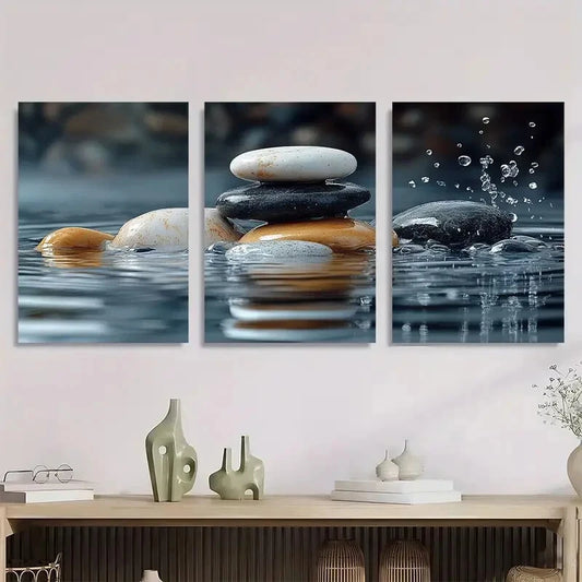 3pcs White for Lotus Black Zen Stones Metal Print Ready to Hang Art - Bella Home Decor