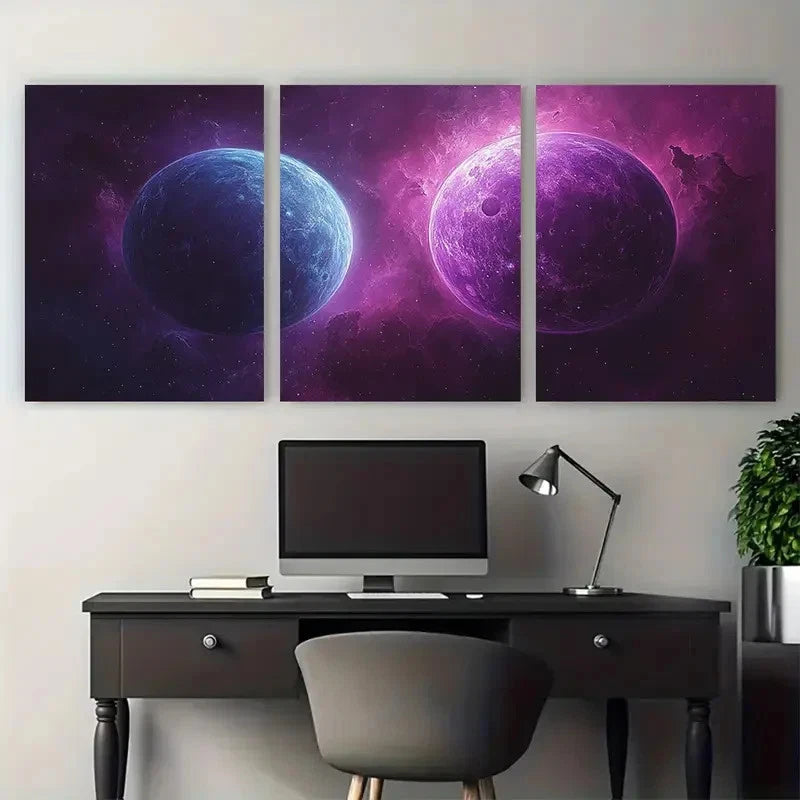 3pcs Purple Planet Cosmic Design Metal Print Ready to Hang Art