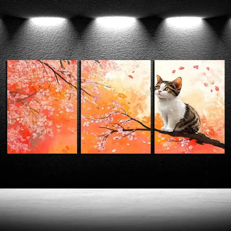 3pcs Vibrant Cat on Cherry Tree Design Metal Print Ready to Hang Art - Bella Home Decor