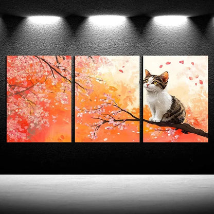 3pcs Vibrant Cat on Cherry Tree Design Metal Print Ready to Hang Art - Bella Home Decor