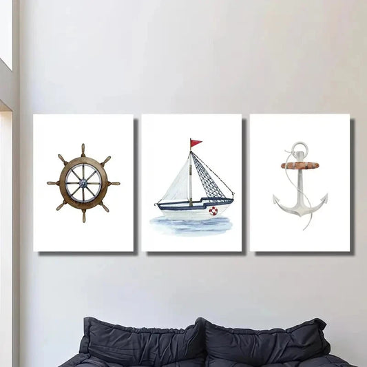 3pcs watercolor style painting of rudder sailboat Metal Print Ready to Hang Art