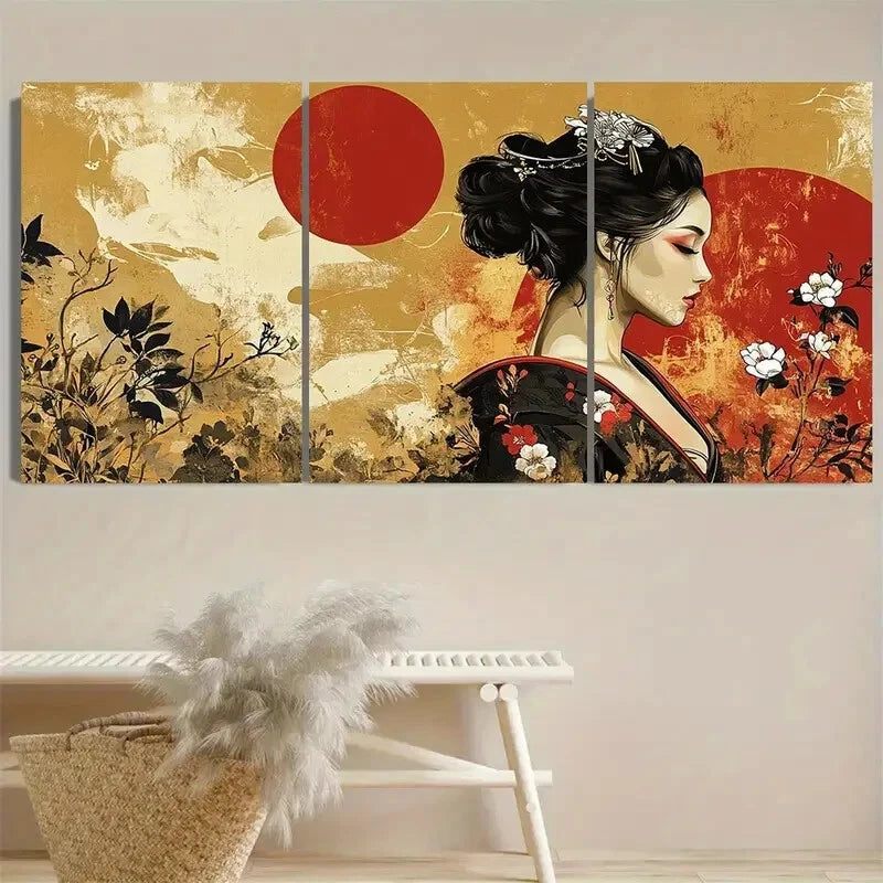 3pcs Elegant Geisha Chinoiserie Nouveau Japanese Metal Print Ready to Hang Art