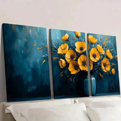 3pcs Abstract Vibrant Blue & Yellow Floral Wall Art Canvas Unframed - High Quality Print 100% Australian Made Wall Canvas
