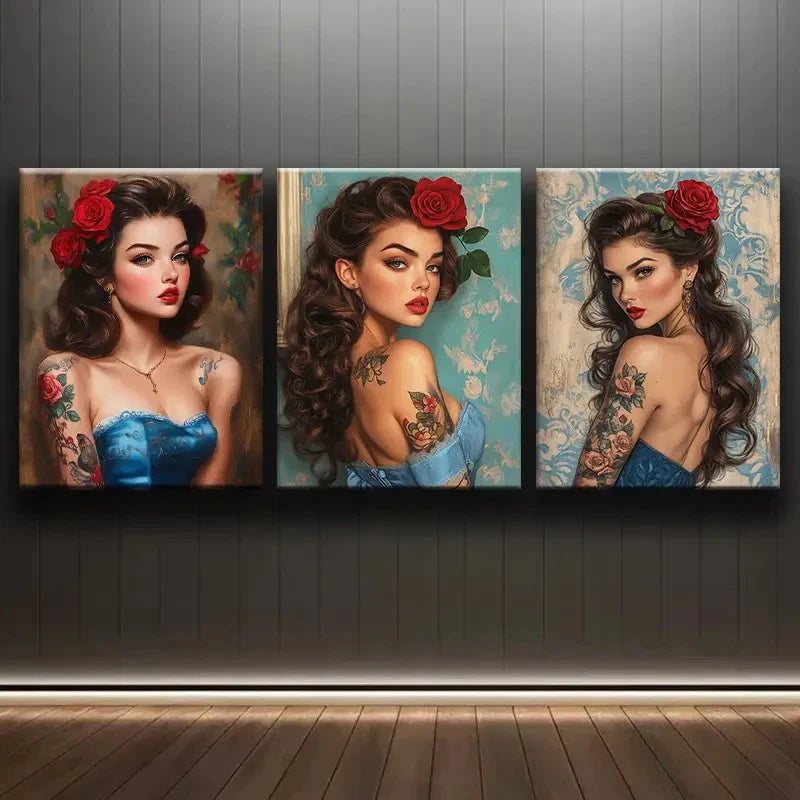 3pcs Vintage Brunette Girl with Tattoos Wall Art Set Canvas Framed 40x60cm - High Quality Print 100% Australian Made Wall Canvas Ready to Hang