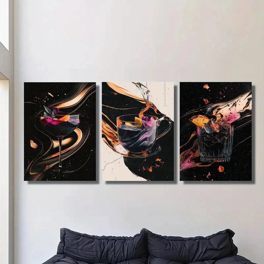 3pcs Vibrant Cocktail & Wine Glass Designs, Metal Print Ready to Hang Art