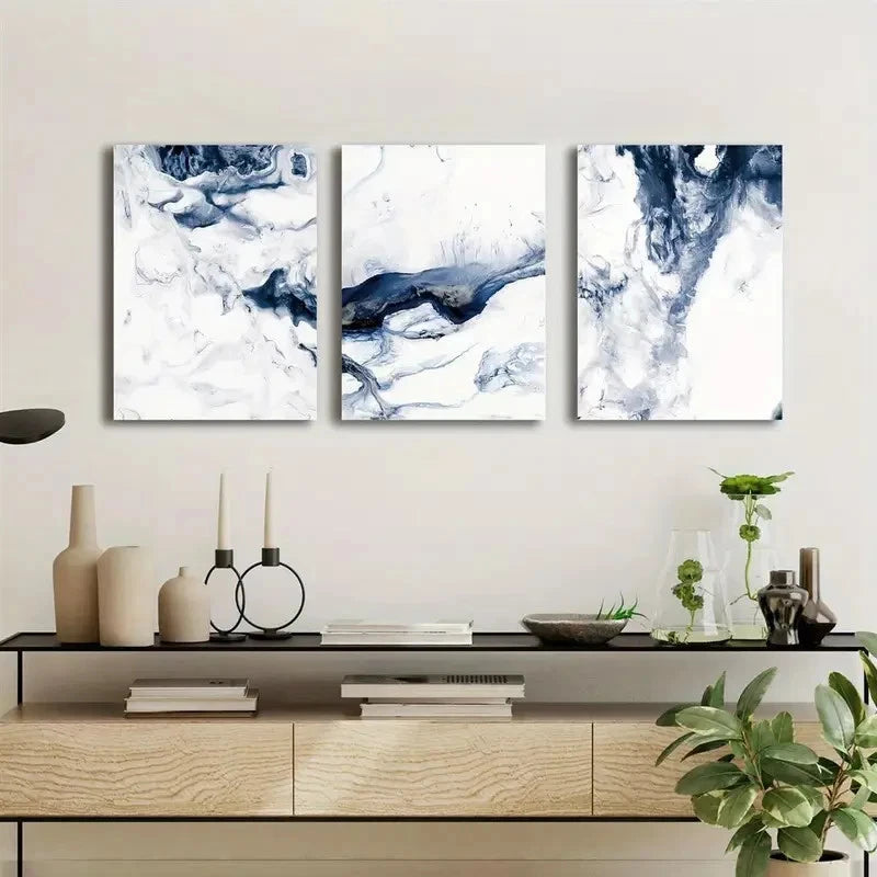 3pcs Abstract Navy Blue & White Ocean Art Metal Print Ready to Hang Art - Bella Home Decor