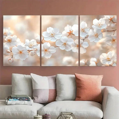 3pcs Ethereal White Cherry Blossom Floral Design Metal Print Ready to Hang Art - Bella Home Decor