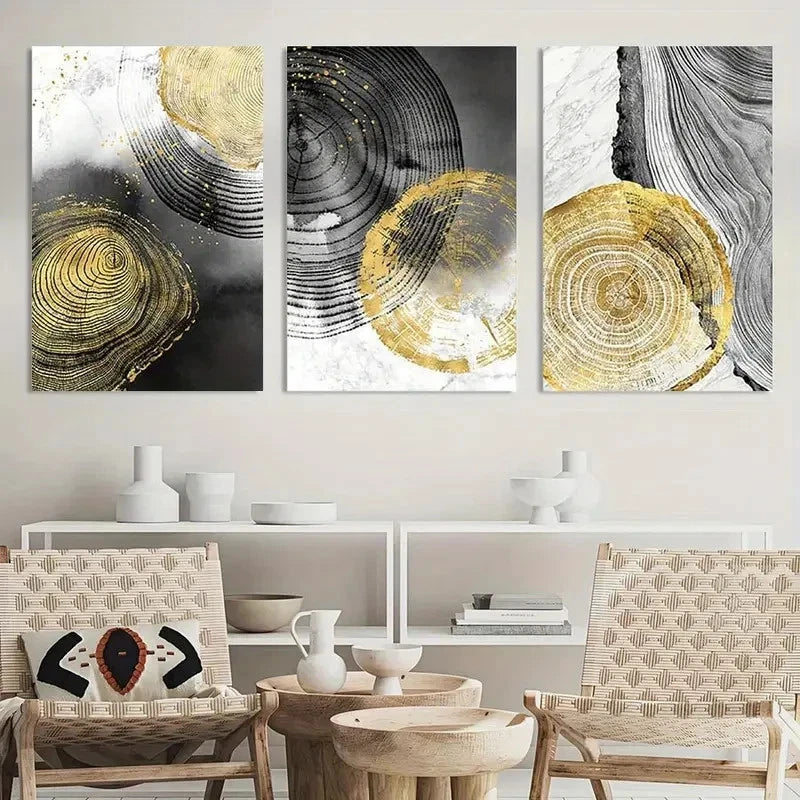 3pcs Modern Minimalist Abstract Golden & Black Metal Print Ready to Hang Art - Bella Home Decor