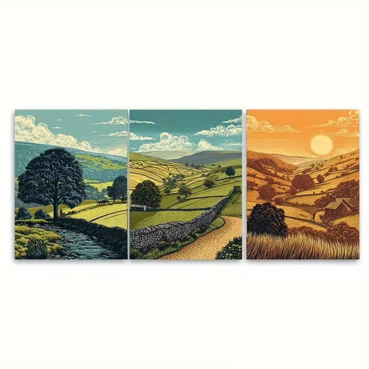 3pcs Abstract Yorkshire Dales Wall Art Set Canvas Framed 60x90cm - High Quality Print 100% Australian Made Wall Canvas Ready to Hang