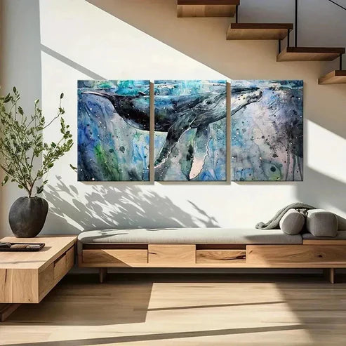 3pcs Sea Life Mammals Whales Splash Ink Wall Art Canvas Unframed - High Quality Print 100% Australian Made Wall Canvas