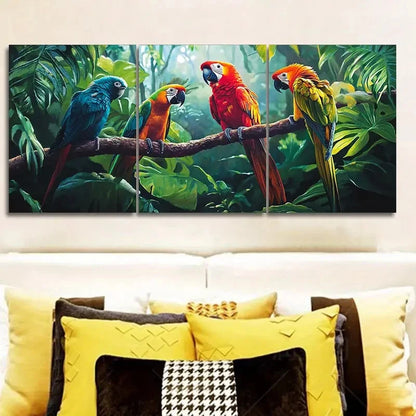 3pcs Colorful Macaws Perched in Tropical Jungle Wall Art Set Canvas Framed 50x70cm - High Quality Print 100% Australian Made Wall Canvas Ready to Hang - Bella Home Decor