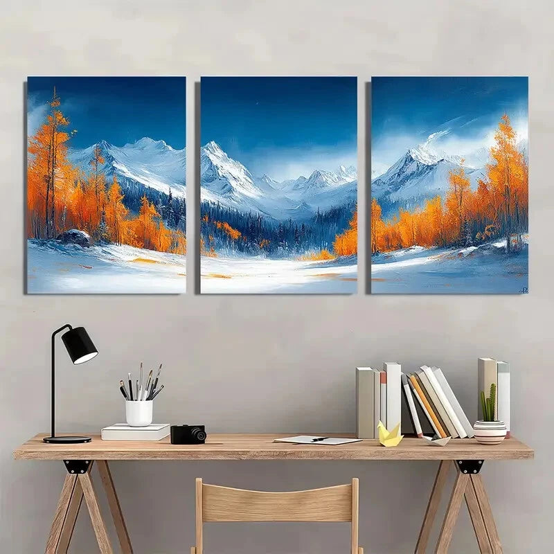 3pcs Winter Mountain Landscape Oil Paintings Metal Print Ready to Hang Art - Bella Home Decor