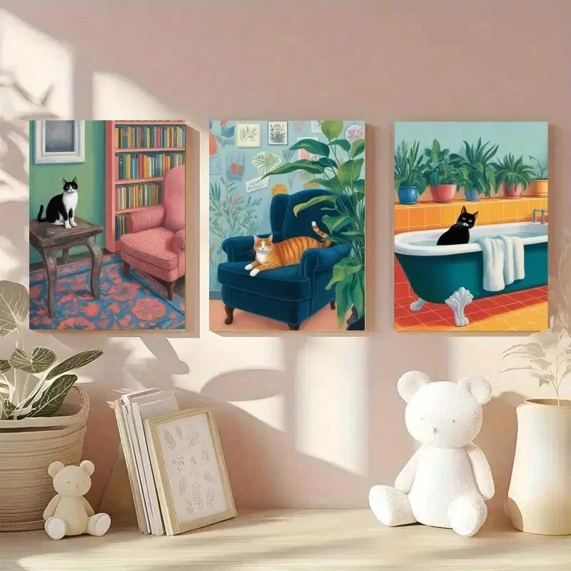 3pcs Bookshelf Armchair Bathtub Houseplants Cat Metal Print Ready to Hang Art - Bella Home Decor