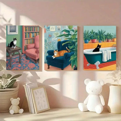 3pcs Bookshelf Armchair Bathtub Houseplants Cat Metal Print Ready to Hang Art - Bella Home Decor