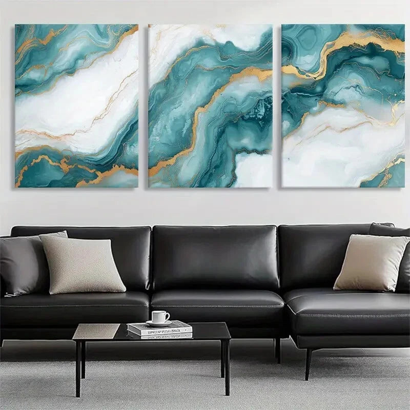 3pcs Teal and Golden Abstract Fluid Metal Print Ready to Hang Art - Bella Home Decor