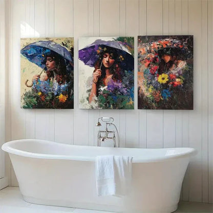 3pcs Women Umbrella & Flower Portraits Perfect Wall Art Canvas Unframed - High Quality Print 100% Australian Made Wall Canvas
