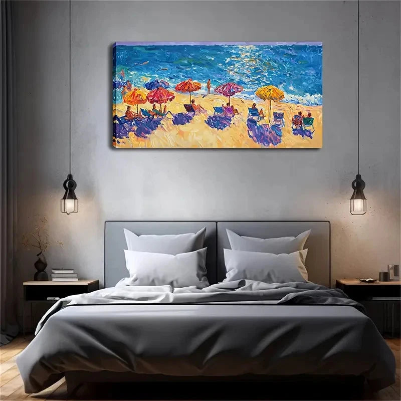 Depicting A Lively Beach Scene Wall Art Canvas Office Home Room Framed 120x60cm