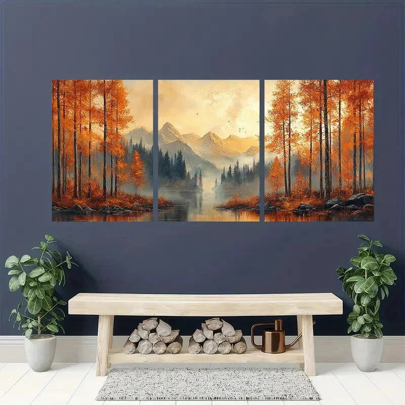 3pcs Vintage Autumn Mountain Landscape Scene Metal Print Ready to Hang Art - Bella Home Decor