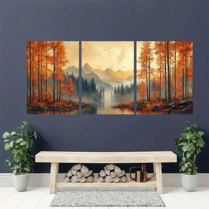 3pcs Vintage Autumn Mountain Landscape Scene Metal Print Ready to Hang Art - Bella Home Decor