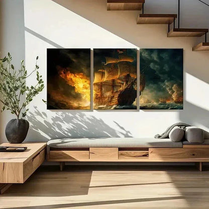 3pcs Pirate Ship On Fire in the Sea Wall Art Set Canvas Unframed - High Quality Print 100% Australian Made Wall Canvas