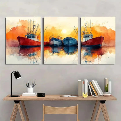 3pcs Watercolor Sailboats & Fishing Boats Metal Print Ready to Hang Art