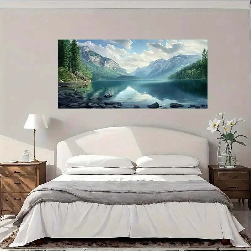 Lake Side Nature Mountain Wall Art Canvas Office Home Room Framed 120x60cm