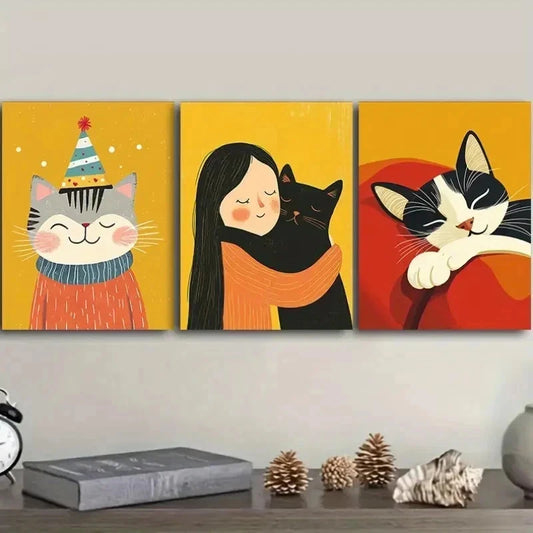 3pcs Paintings Featuring Pet Cats Wall Art Set Canvas Framed 40x60cm - High Quality Print 100% Australian Made Wall Canvas Ready to Hang