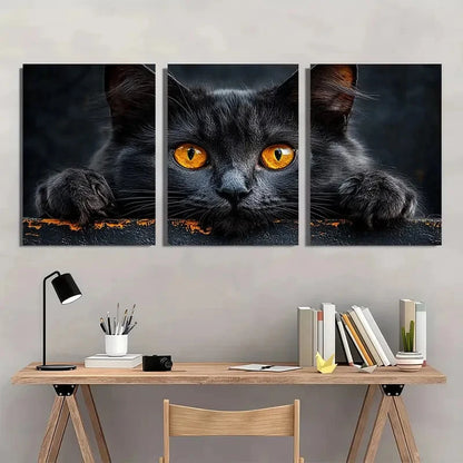 3pcs Black Cat Vibrant Orange Eyes Wall Art Set Canvas Framed 60x90cm - High Quality Print 100% Australian Made Wall Canvas Ready to Hang - Bella Home Decor