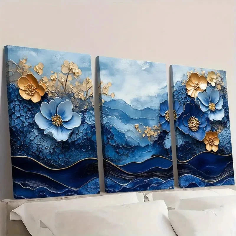 3pcs Trio in Indigo & Honeycomb Blue ty   Wall Art Set Canvas Framed 50x70cm - High Quality Print 100% Australian Made Wall Canvas Ready to Hang