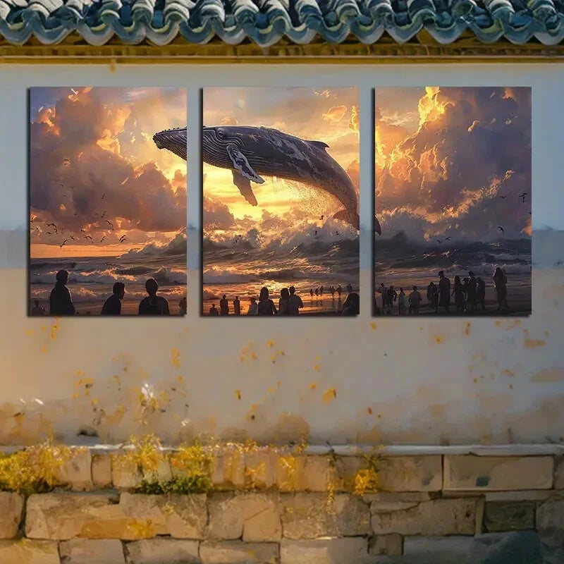 3pcs Massive Whale Surging Sea Illustration Metal Print Ready to Hang Art - Bella Home Decor