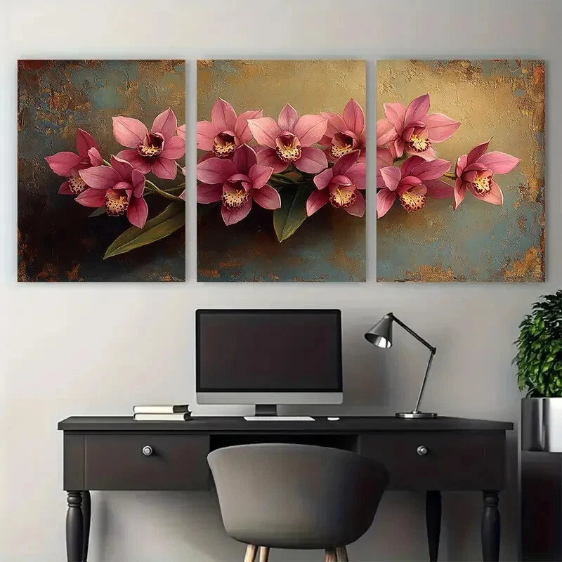3pcs Vintage Orchid Flowers Rustic Illustration Metal Print Ready to Hang Art - Bella Home Decor