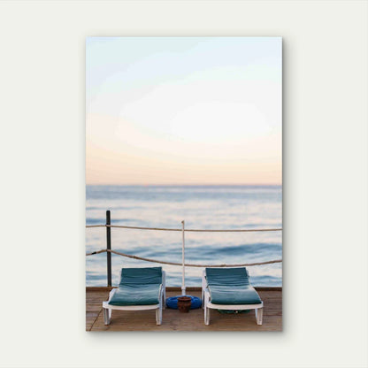 Beautiful View of Two Wooden Sunbeds Metal Print Ready to Hang