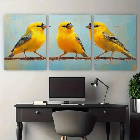 3pcs Vibrant Yellow Goldfinch Minimalist Design Wall Art Set Canvas Unframed - High Quality Print 100% Australian Made Wall Canvas