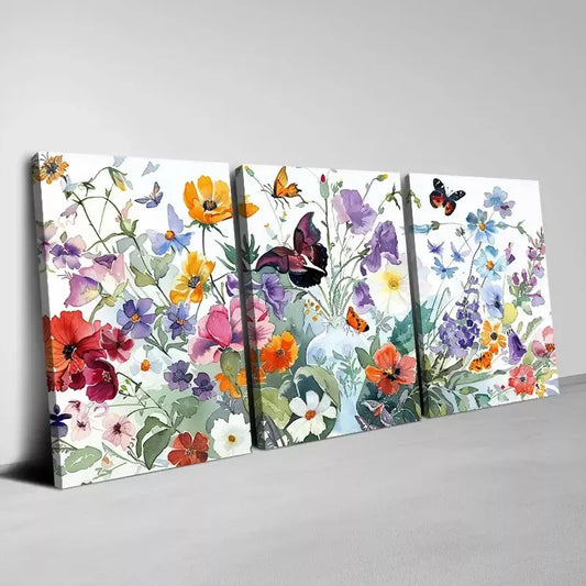 3pcs Watercolor Wildflowers And Butterflies Wall Art Set Canvas Framed 50x70cm - High Quality Print 100% Australian Made Wall Canvas Ready to Hang
